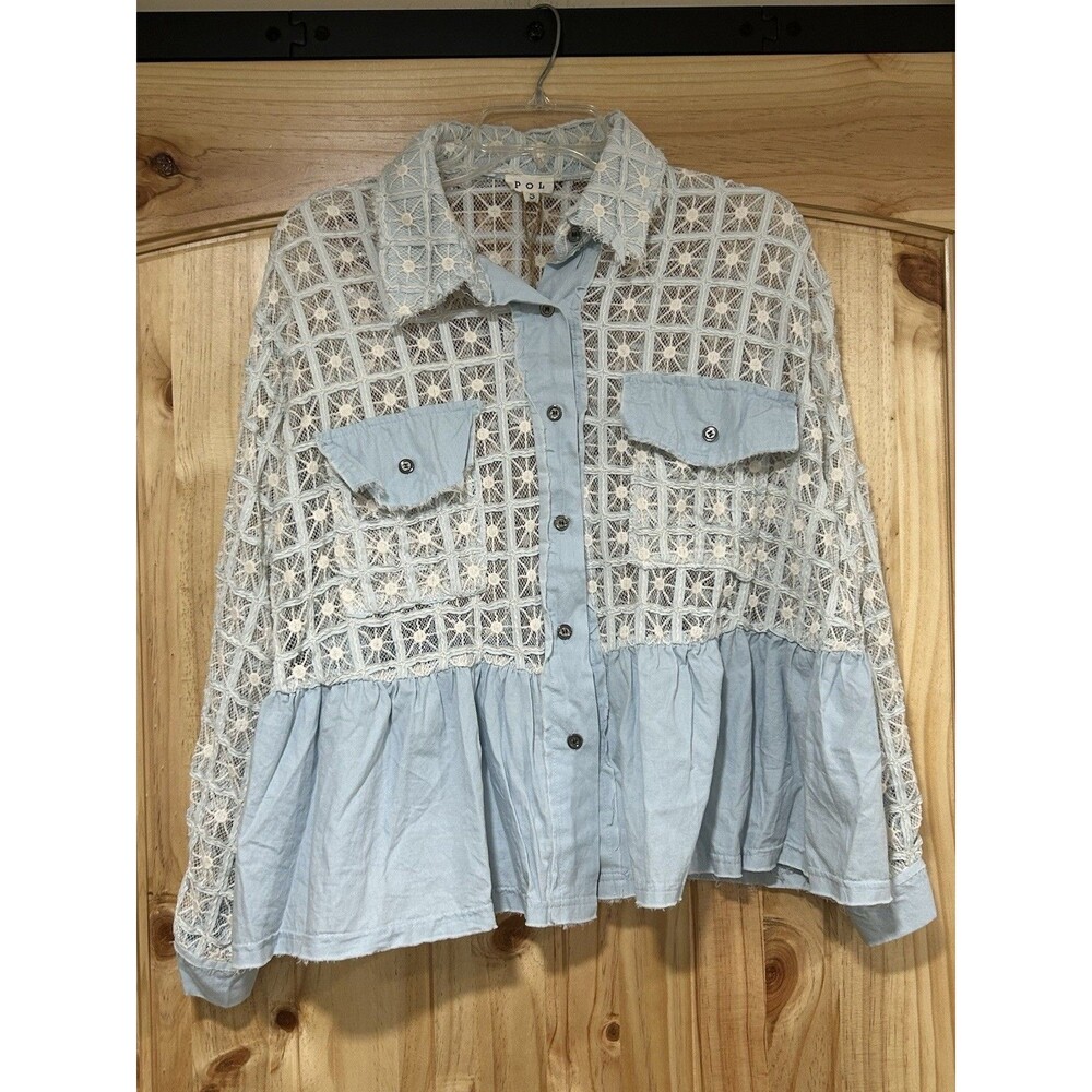 POL Women’s Button Up Top Lace Blue Bottom Pockets NWT Size Small Boho Country